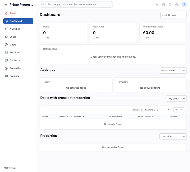 Het Tesoro CRM dashboard na eerste login